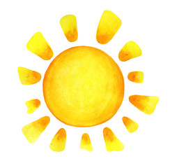 Sun cartoon watercolor. Children's illustration of the sun drawn by hand. isolated on a white background. Sunrise sunset.