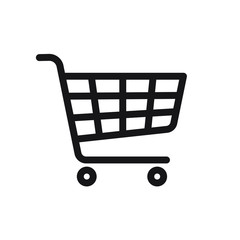 Shopping cart icon symbol. Flat shape trolley web store button. Online shop logo sign. Vector illustration image. Black silhouette isolated on white background.