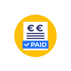 paid bills icon with euro, flat vector