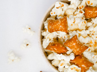 Popcorn and pillow pretzels in a bowl