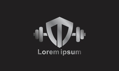 Obraz premium initial M forming a shield with a berbell logo template vector illustrations eps 10, for sport, security or fitness.