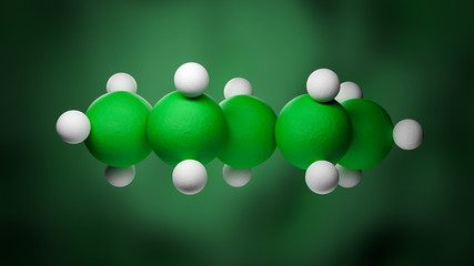 Model of a pentane molecule of the family of the single bonded hydrocarbons. Five Carbon atoms in...