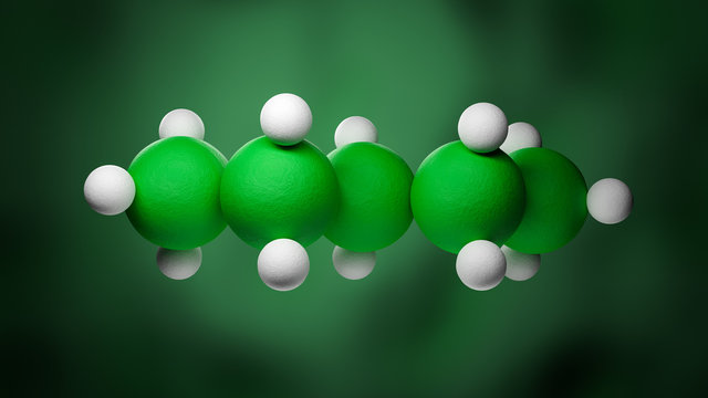 Model of a pentane molecule of the family of the single bonded hydrocarbons. Five Carbon atoms in green, Hydrogen atoms in white.