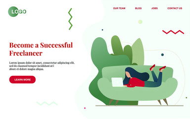 Flat vector concept illustration. A freelancer working at home on the sofa with laptop. Creative landing web page design template banner.