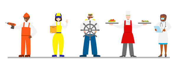 Set with people of different professions. Builder, delivery man, sailor, cook, doctor. Labor day.