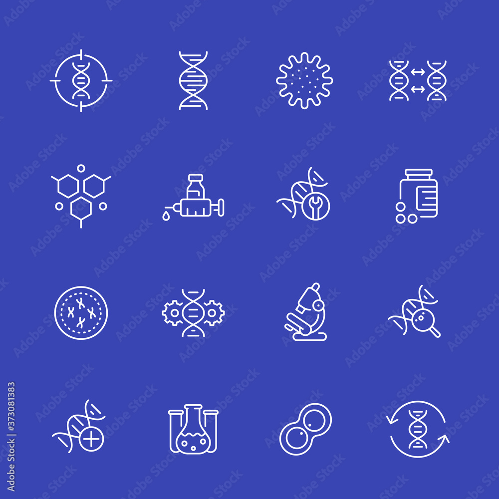 Wall mural genetics icons, dna, gene editing and genetic research, linear vector set