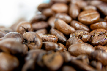 Detail of brown coffee beans on white background
