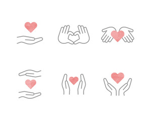 手とハートのアイコンのセット／チャリティー／優しさ／愛／医療／支え／援助