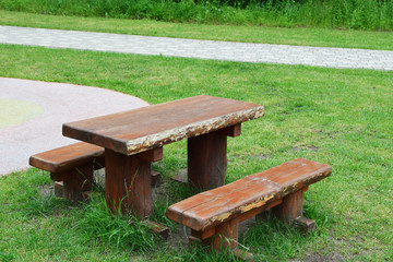 Empty chairs and tables in outdoor restaurant or public nature park in summer time.
