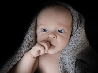 Portret niemowlę czarne tło. Bystry bobas.  - obrazy, fototapety, plakaty