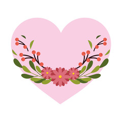 pink flowers with leaves wreath in front of heart vector design
