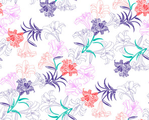 Vintage floral seamless pattern with lilies and butterflies