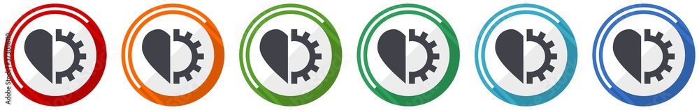 Poster heart and cogwheel icon set, flat design vector illustration in 6 colors options for webdesign and m