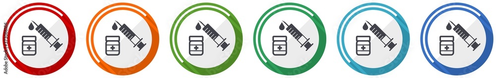 Poster vaccine, syringe icon set, flat design vector illustration in 6 colors options for webdesign and mob