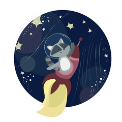Vector illustration in a kind childish style with a cheerful cute raccoon flying in a rocket in space. Hand drawn print with cartoon character, stars moon and planets. Animal astronaut flies