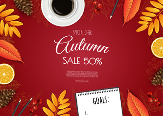 Autumn sale flyer template. Bright fall leaves. Poster, card, label, banner design.