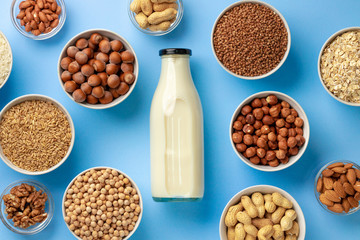 Vegetable milk concept with milk bottle and bowls with grains on blue background top view