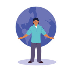 man cartoon in front of world sphere vector design