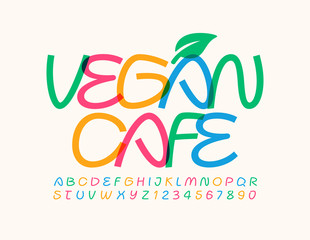 Vector sign Vegan Cafe with decorative Leaf. Artistic bright Font. Handwritten colorful Alphabet Letters and Numbers