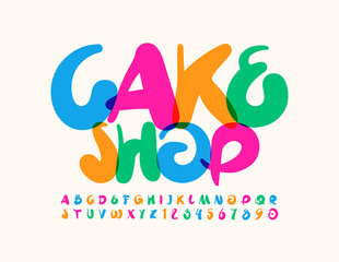 Vector colorful banner Cake Shop. Decorative artistic Font. Handwritten bright Alphabet Letters and Numbers