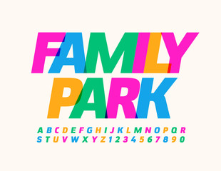 Fototapeta na wymiar Vector bright poster Family Park. Font for Event, Entertainment, Flyer. Colorful Alphabet Letters and Numbers