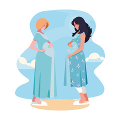 blond and brown hair pregnant women cartoons in front of sky vector design