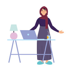 muslim woman cartoon with laptop on desk vector design