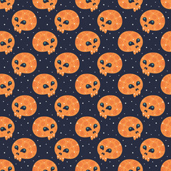 Happy Halloween seamless pattern, texture, background. Funny skulls. Packaging paper design. 