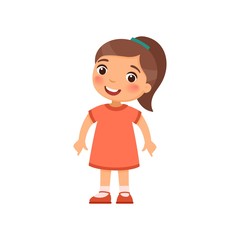 A little girl looks down and shows her fingers down. Cartoon character isolated on white background. Flat vector color illustration. ..