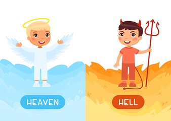 Heaven and hell antonyms word card vector template. Opposites concept. Flashcard for english language learning. Little boy in the form of an angel, a child in a devil costume.