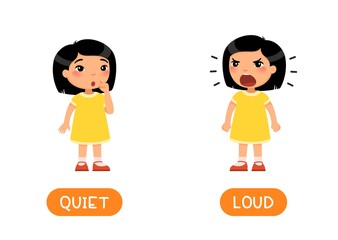 LOUD and QUIET antonyms word card vector template. Flashcard for english language learning. Opposites concept. Little asian girl screams out loud, the child whispers softly. 