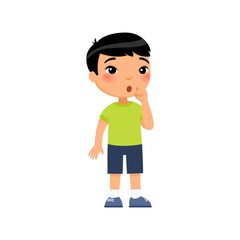 Little asian boy showing silence gesture flat vector illustration. Child  standing, cartoon character. Kid with confused face expression considering. Quiet sign isolated on white background