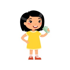 Little asian girl with money in hand flat vector illustration. Rich happy child holding banknotes cartoon character. Earnings savings, profit, income. Wealthy kid with cash isolated on white