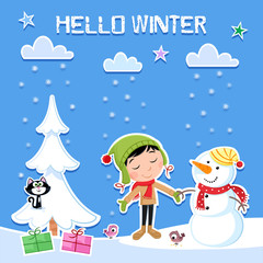 Hello winter, hello snow - Cute little boy with green hat and funny snowman - Greeting card & poster design