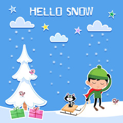 Little boy and snowy day - Cute Christmas illustration suitable fot greeting card & poster design