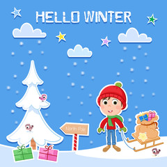 Winter time - Cute little boy and snowy day - lovely illustration suitable for greeting card & poster design