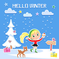 Hello winter - Little ice skating girl - Lovely illustration for poster, greeting cards or Christmas decorations