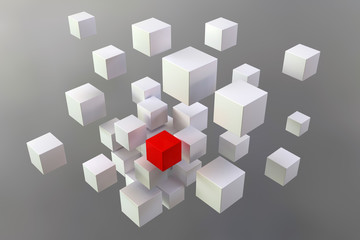 formal volumetric composition of white cubes on a Gray background. One red cube and all the others are white. For cover design.