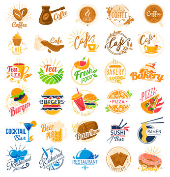 Food cafe logo vector illustration set. Cartoon flat logotype label with lettering collection for fastfood pizzeria, restaurant or cafeteria shop, coffee house emblem, bakery menu isolated on white