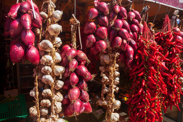 The Sweet Red Onion and pepper of Tropea, Italy.