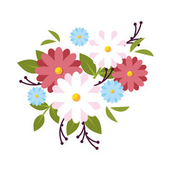 pink blue and white flowers with leaves vector design