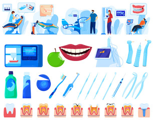 Dentistry, dental health vector illustration set. Cartoon flat medical teeth healthcare infographic collection with dentist checkup appointment, denture tooth implant, toothbrush isolated on white
