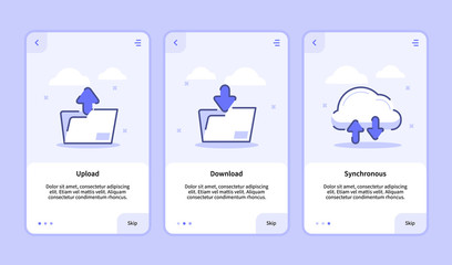 Upload download synchronous onboarding screen for mobile apps template banner page UI with three variations modern flat outline style.