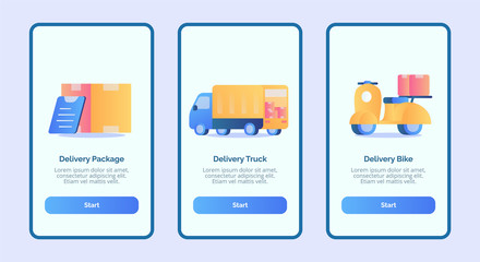 Delivery package delivery truck delivery bike for mobile apps template banner page UI with three variations modern flat color style.