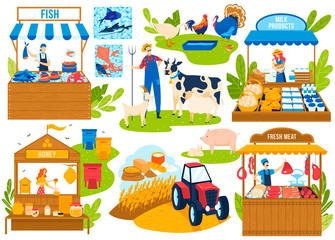 Farm food market vector illustration set. Cartoon flat street seller vendor farmer people sell fresh meat or fish seafood, honey and dairy milk products in stall kiosk marketplace isolated on white