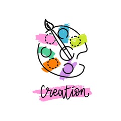 Fototapeta premium An icon with a bright palette for paints. Brush and paint. Vector illustration. Logo for the art studio. Hand lettering 