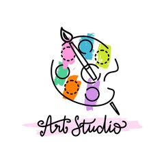 Vector logo for art studio. Vector illustration with a palette for paints. Bright paint strokes. Template for teaching, creativity, poster, postcard and other use.