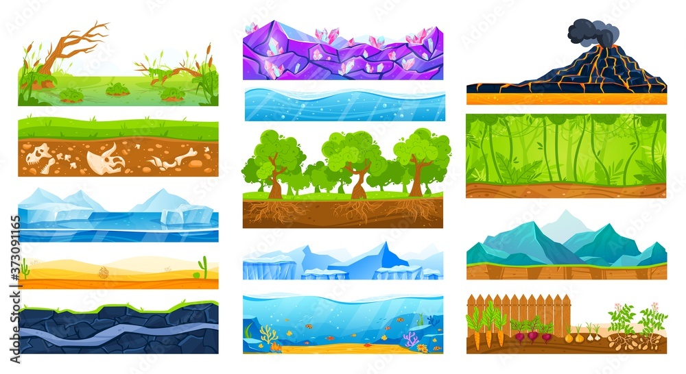 Wall mural ground surface landscape vector illustration set. cartoon flat soil land layers diagram collection w