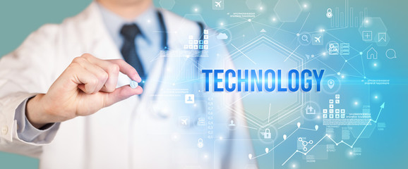 Doctor giving a pill with TECHNOLOGY inscription, new technology solution concept