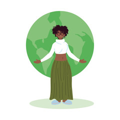 black woman cartoon in front of world sphere vector design